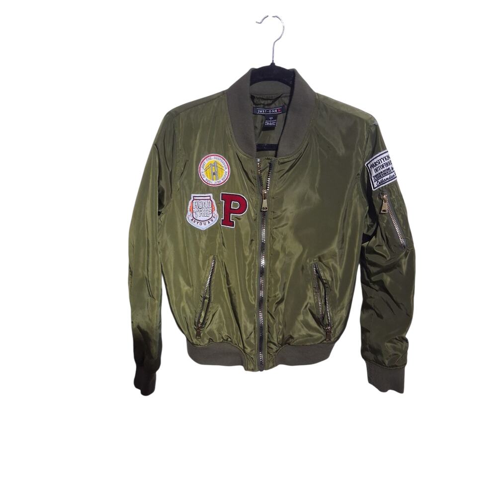 Just One Love Women's size Large Olive Patchwork‎ Varsity Prep Zip Bomber Jacket